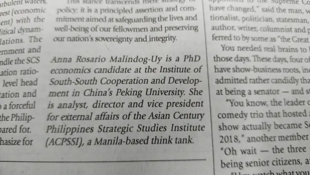 Close-up of the end of the opinion piece showing Anna Malindog-Uy's affiliation with Asian Century Philippines Strategic Studies Institute