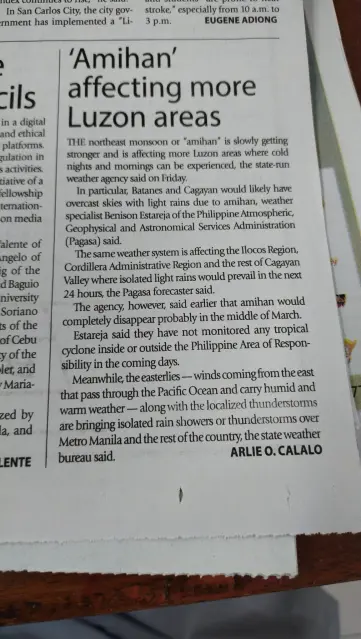 'Amihan' affecting more Luzon areas, reported by Arlie O. Calalo