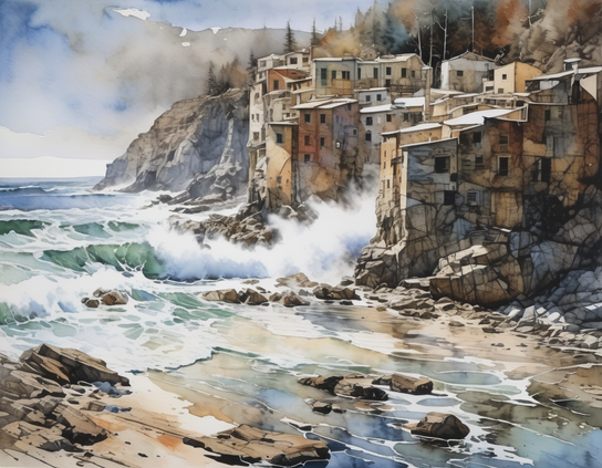 Cliffside houses perch precariously above foamy waves crashing against rocky shores. Watercolor style.