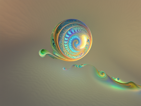 Pastel iridescent fractal spiral unfolding with smooth, flowing curves against a soft, neutral background.