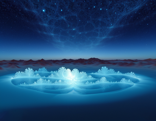 Crystal formations radiate around a glowing central pool under the intense deep blue of an exoplanet's star-filled night sky.
