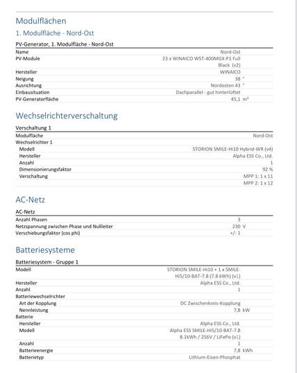 The image displays a technical document detailing components and specifications for a solar power generation system, with sections on module surfaces, inverter connectivity, AC network, and battery systems.