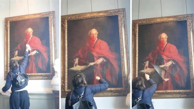 Three stills from camera phone footage of a person first spray painting and then slashing a painting.