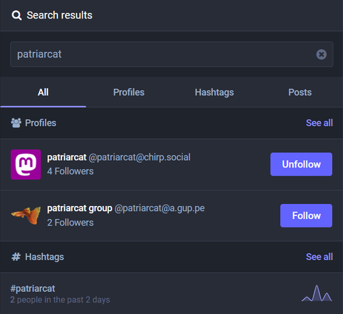 Screenshot of a Mastodon client

"Search results"
We read "patriarcat" in the search box. Then :
- a profile in "@chirp.social" and "@a.gup.pe" then on the right "Follow" ;
- an item in the "Hashtags" section below.