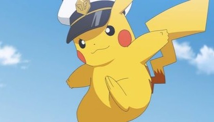 Captain Pikachu jumping down for a landing