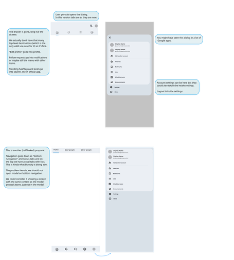 Two navigation variants for Tusky.

In one, there is still top app bar with search and it has user profile icon in top right, tabs stay the same.

It opens a dialog that looks kinda like Google ones with accounts, favs, booksmarks, lists, scheduled posts, announcements, and then in another section settings and about.

The comments say:
"
The drawer is gone, long live the drawer.

We actually don't have that many top-level destinations (which is the
only valid use-case for it) so it's fine.

"Edit profile" goes into profile.

Follow requests go into notifications or maybe still the menu with other items.

Trending hashtags and posts go into search, like in official app.

User portrait opens the dialog. In this version tabs are as they are now"

There is another proposal where navigation is in the bottom with fixed sections of home, notifications, search, converstaions and profile. There are (text) tabs on the top.

The comments say:
"
This is another (half-baked) proposal.

Navigation goes down as "bottom navigation" and not as tabs and on the top we have actual tabs with lists. This is kinda what bluesky is doing atm.

The problem here is, we should not open modal on bottom navigation.

We could consider it showing a screen with the same content as the modal proposal above, just not in the modal.
"

There is an arrow that goes from profile button in this screen to a screen with the same content as a dialog described above.