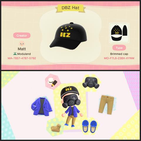 Collage of two Animal Crossing: New Horizons screenshots. The upper screenshot is from the custom design portal. The custom design is a brimmed cap called "DBZ Hat." The hat is black with eight yellow circles with orange center markings and the letters "DBZ" beneath it. The Design ID for the item is MO-F7L6-23BX-XYNW, and it is made by a bald, light skinned character named Matt from Moduland whose Creator ID is MA-7857-4787-5792. The lower image is a clothing changing scene from the game. The light skinned human is wearing the custom hat described above along with a black gas mask, khakis, light brown socks, blue slide on sneakers, and a blue jacket over a black t-shirt.