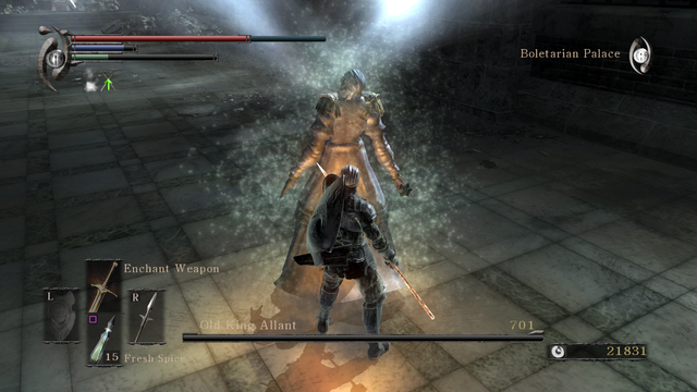 Player character, holding a glowing spear, standing behind the King Allant boss, as said boss dies from a fatal blow in the back.