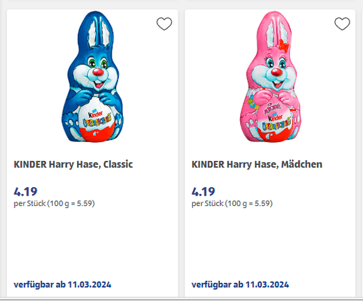 Screenshot der Schweizerischen Aldi-Webseite mit zwei Kinder-Schokoladen-Hasen. Einer in Blau und der Bezeichnung "Harry Hase Classic" und einer in Rosa und der Bezeichnung "Harry Hase Mädchen".