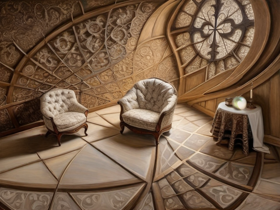 Two ornate armchairs in a brown and beige toned room with an intricate window and patterned wooden floor. A subtly glowing crystal ball sits on small table covered with a lace tablecloth.