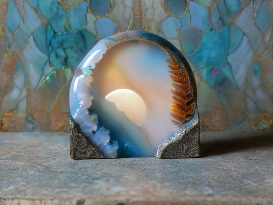 Polished agate showing natural landscape patterns in front of a pieced turquoise backdrop.