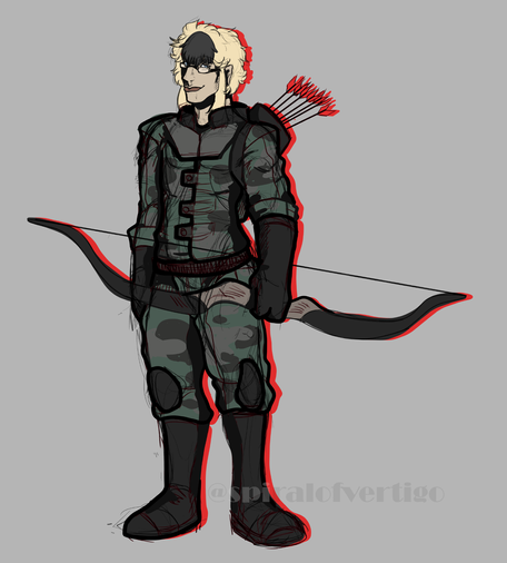 A concept art doodle of a human male in his hunting outfit. He is holding a recurve bow and has a quiver over his shoulder.