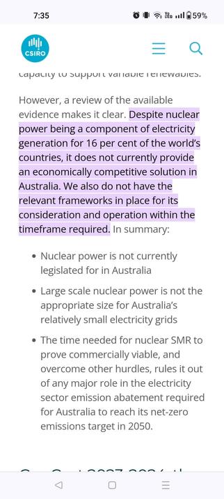 Screen shot of CSIRO report, nothing the nuclear power is not viable as an option.