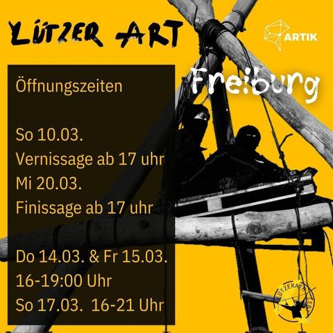 Sharepic mit Öffnungszeiten der Ausstellung (wie im Text des Beitrag).

Gelber Hintergrund. Bild mit 2 vermummten Menschen auf einer Palette in einem Tripod aus zusammengebundenen Baumstämmen.