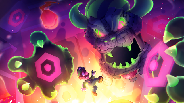 Fan art of the final boss fight in Super Mario Wonder, showing Bowser in his castle form battling a panicked but determined Luigi. The scenery is ablaze with shades of yellow, red, pink and purple.