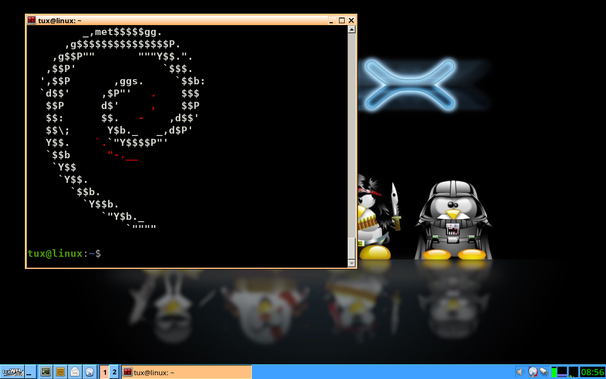 Mein TuxWiz Desktop mit IceWM und Terminator Fenster mit Screenfetch, das ein Debian Logo zeigt.