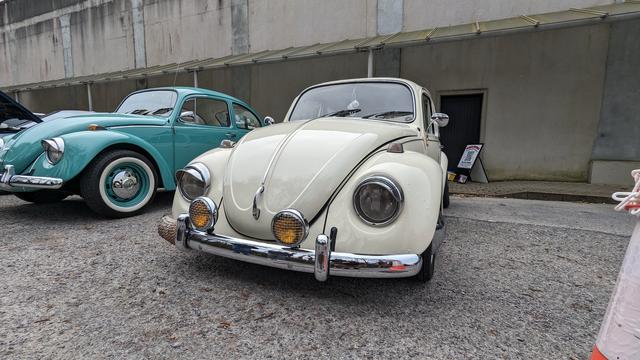 Front three quieter view of modified 1971 Beetle in cream with fog lights violets lower it stands with a teal 1968 Beetle Mercedes on white wall tires