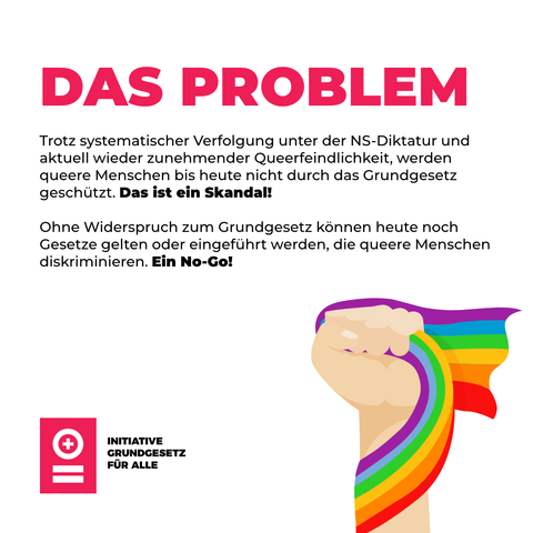 "DAS PROBLEM

Trotz systematischer Verfolgung unter der NS-Diktatur und aktuell wieder zunehmender Queerfeindlichkeit, werden queere Menschen bis heute nicht durch das Grundgesetz geschützt. Das ist ein Skandal! 

Ohne Widerspruch zum Grundgesetz können heute noch Gesetze gelten oder eingeführt werden, die queere Menschen diskriminieren. Ein No-Go! 

INITIATIVE GRUNDGESETZ FÜR ALLE"

Rechts unten eine zur Fast geballte, nach oben gereckte Hand, die eine Regenbogenfahne umfasst
