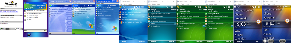 From left to right: Palm-sized PC 1.2, Pocket PC 2000, Pocket PC 2002, Pocket PC 2003, Windows Mobile 2003 SE, Windows Mobile 5.0 for Pocket PCs, Windows Mobile 6.0 Professional, Windows Mobile 6.1 Professional, Windows Mobile 6.1.4 Professional, Windows Mobile 6.5 Professional, Windows Mobile 6.5.3 Professional. The XP borders are from a VM running in seamless mode.