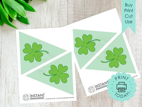 Two sheets of shamrock banners ready to cut out. The words Print Today and Buy Print Cut Use are placed on the image.