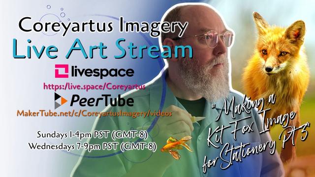 Promotional banner featuring a bearded man, various website logos, and a realistic fox, advertising a live art stream with streaming times and links.