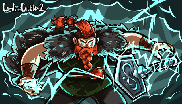 Card illustration done for Thor for the game Cards and Castles 2. It shows a red haired bearded Thor with a shaggy dark wolf pelt on, with Mjolnir hovering in front of him, encased in lightning as he steps forward to attack.