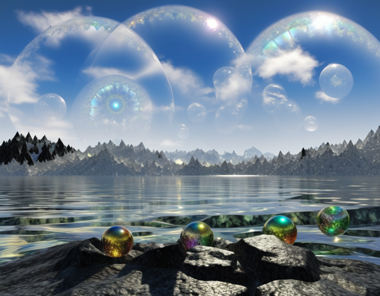 Translucent bubbles of varying sizes float above a silvery lake, with crystalline hills in the distance. Several metallic, colorful spheres rest on rugged rocks at the water's edge.