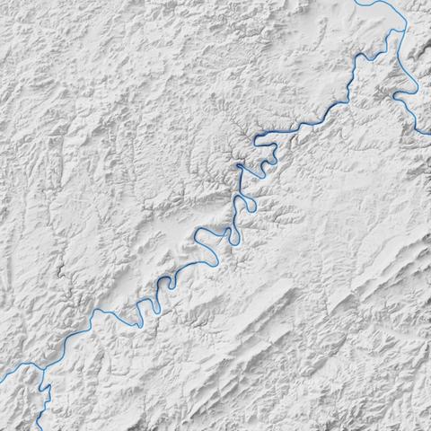 Relief map in grey shades with (in blue) the meandering river.