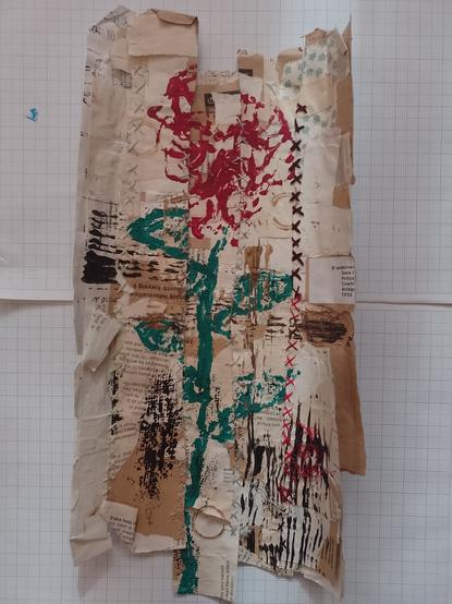 #Collaged and #stitched , #MixedMedia #Rose. The rose is painted on to vertical strips of paper stitched together.