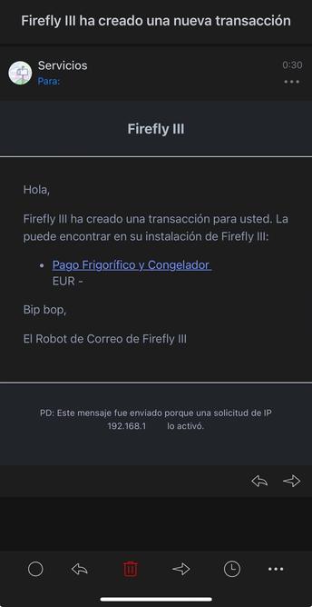 Captura de pantalla de una notificación por correo electrónico que indica que se ha creado una nueva transacción en Firefly III.