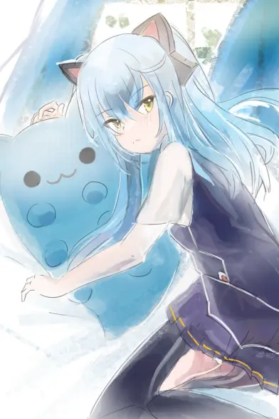 a painting of tio from trails series, lying down and holding a bugcat capoo plush