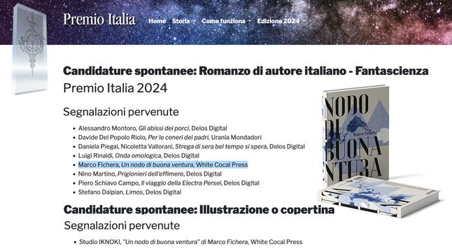 Schermata delle candidature al Premio Italia 2024, tra le quali compare "Un nodo di buona ventura"