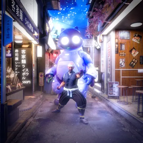 Image portrays a dynamic encounter between tradition and futuristic innovation in what appears to be an urban Japanese alleyway. The setting is intimate, with narrow sidewalks and small businesses whose signage is written in Japanese kanji and kana. 

In the foreground, a human figure assumes a traditional martial arts stance, his attire resembling that of a practitioner of kendo or perhaps kenjutsu, given the hakama and keikogi garment style, with protective braces on the shins. His expression is focused, and he appears grounded and ready, embodying the discipline of bushido.

Behind him, dominating the scene, is a large, robotic entity with cat-like features and a design that's both friendly and imposing. The robot's rounded shapes, large glowing eyes, and gentle colors suggest a non-threatening companion or protector robot, potentially one designed for interaction with humans in populated environments. Its stance mimics the martial readiness of the human figure, creating a parallel between the ancient human practice and its reinterpretation through advanced robotics.

The scene is lit with a soft, ambient light that seems to come from the signage and lanterns, giving the render a glow that feels both real and slightly fantastical. The contrast between the traditional human figure and the robot illustrates the harmonious blend of past and future, suggesting a world where cultural heritage and technological progress coexist.