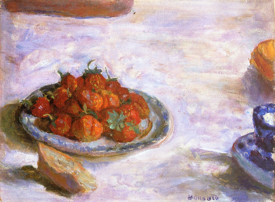 A scene in the Nabi style. On a white tabletop (either a white tablecloth, or marble, rests a blue-and-white plate of strawberries. Beside it is what looks like a partly eaten piece of bread. On the edges of the painting one can see part of a blue-and-white cup and saucer, the base of a brass lamp or candlestick, and another object that can't be identified.