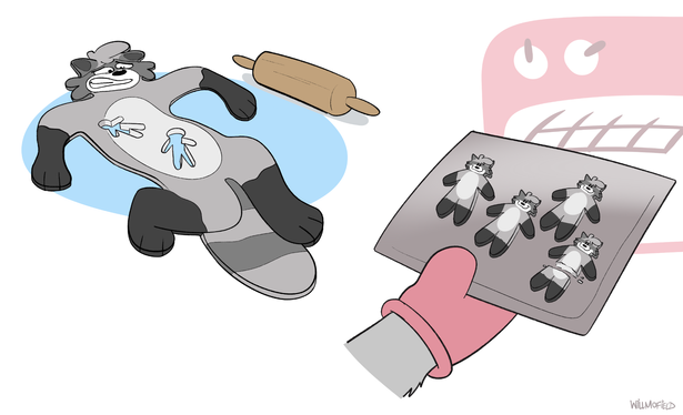 On the left: A pained flattened greyscale raccoon next to a rolling pin. They have several holes in their body in the shape of gingerbread men. On the right: a sheet pan being taken from an oven with four miniature raccoon cookies on it - one of them is broken in half.