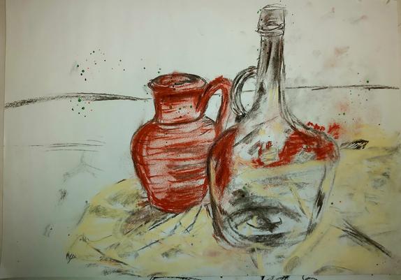 A glass bottle stands in front of a  ceramic jug, and both are on a cloth drawn in yellow. The paper is smeared and dotted with ink that's penetrated through a previous drawing.