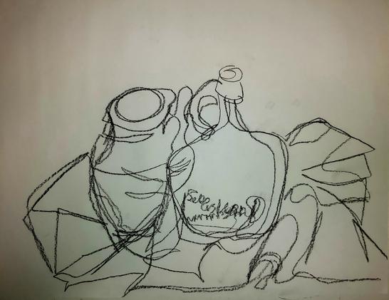 A jar and a bottle stand on a cloth. This is a continuous line drawing where the paper was not looked at as a warm-up.