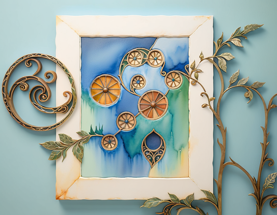 White frame with some rust enclosing abstract designs and circular motifs with ironwork elements, mounted on a light blue wall, with metal vine and leaf embellishments.