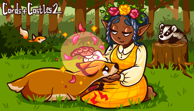 the Forest Healer card illustration for Cards and Castles 2, showing a dark skinned elf healing a wounded deer on the forest floor, while a badger and fox look on from the background curiously.