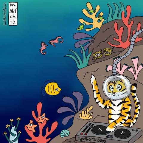 Digitale Zeichnung: ein Riff unter der Meeresoberfläche, dort haben sich verschiedene Meeresbewohner (Seesterne, Fische, Seepferdchen, Muscheln, Schnecke) getroffen, um eine Party zu feiern. Rechts vorne steht ein Tiger mit einer Taucherglocke vor der DJ-Konsole TigerPartyMix3000, reckt eine Vorderpfote in die Höhe.

Digital drawing: a reef under the sea surface, where various sea creatures (starfish, fish, seahorses, mussels, snails) have met to have a party. In the front right, a tiger with a diving bell stands in front of the DJ console TigerPartyMix3000, raising one front paw in the air.