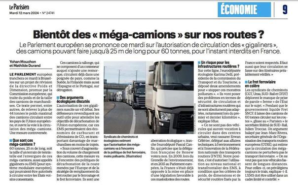 Article du Parisien - Aujourd'hui en France de ce mardi 12 mars sur la possibilité de voter au parlement européen l'autorisation des gigaliners