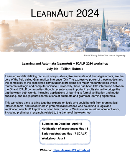 Call for Papers for the LearnAut 2024 workshop.

Learning and Automata (LearnAut) -- ICALP 2024 workshop July 7th - Tallinn, Estonia
[...]

Submission Deadline: April 18
Notification of acceptance: May 13
Early registration: May 17 (ICALP)
Workshop: July 7
Website: https://learnaut24.qgithub.io/