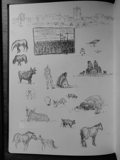 Black Fineliner on paper. 

Sketchbook page.

Above a sketch of a skyline. 
Below that, a thumbnail drawing of a landscape in which cranes tower into the sky. Next to and below the drawing are sketches of crows, cattle, horses, people and dogs.
