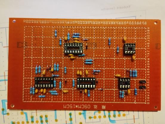 top side of the unfinished controller board for the keyboard. almost all components are inserted