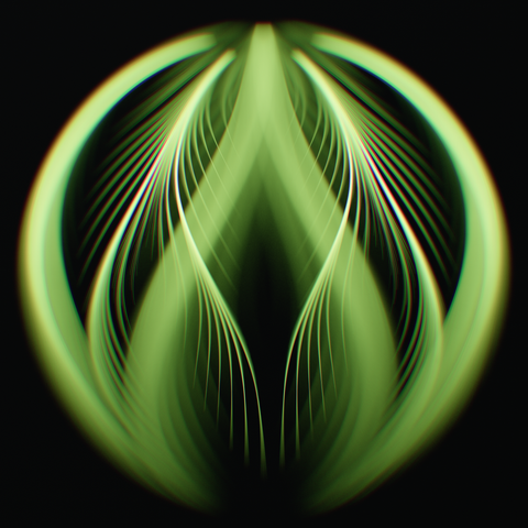A sphere made out of strands that glow with greenish fluorescent light, forming a kind of organic set of wings.
Heavy depth of field blurs most of the strands into thick smooth areas.