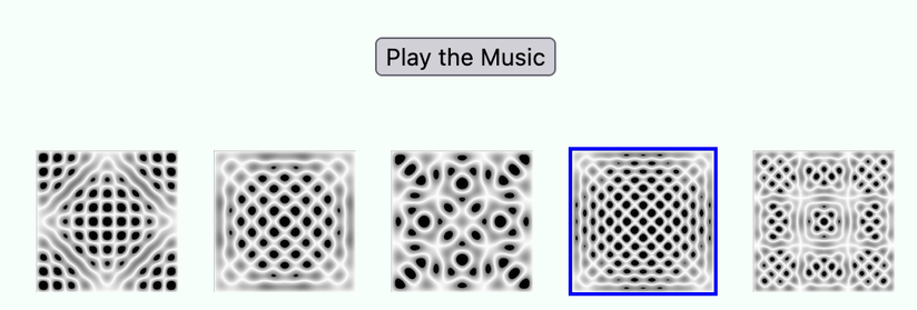 Play the Music button with five cymatic images below. A blue border is around one note.
