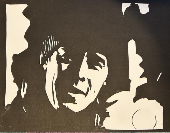 Portrait of Gus Grimley from early season one of Fargo, dramatically lit with steam rising to the left and holding his flashlight on the other side, cut in black and white paper.
