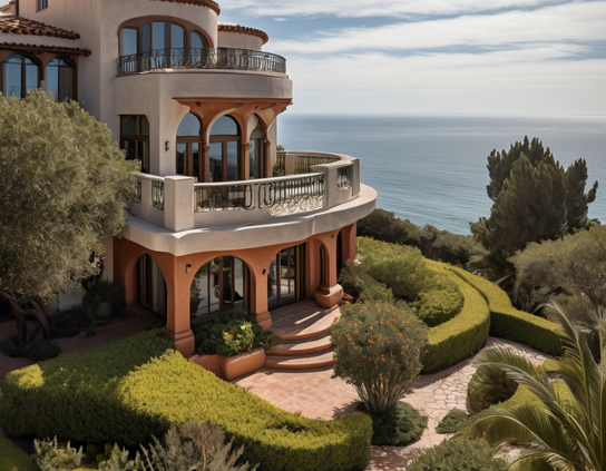 Modern luxury office building overlooking the sea, surrounded by manicured gardens.