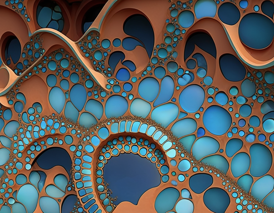 Abstract pattern of interconnected circles and swirls resembling closely packed  round pools in a copper landscape reflecting a perfect blue sky.