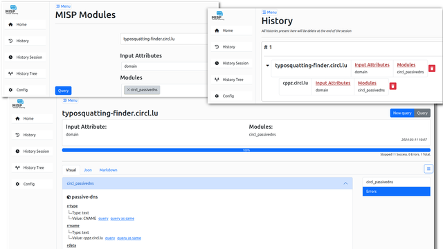 The new independent interface to MISP modules to use the modules without MISP.  Screenshots of the session history, the different output and query interface.